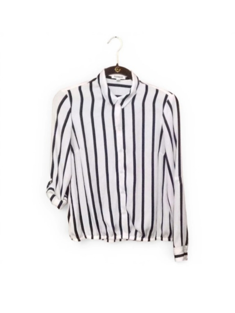 Express Black and White Vertical Stripe Button-Down Blouse